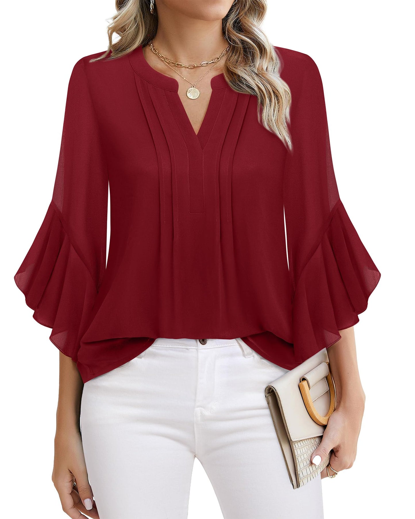 Beautiful Blouses For Ladies - Women's 3/4 Sleeve Chiffon Blouse Dressy Business Casual Work Shirt Ancora Red