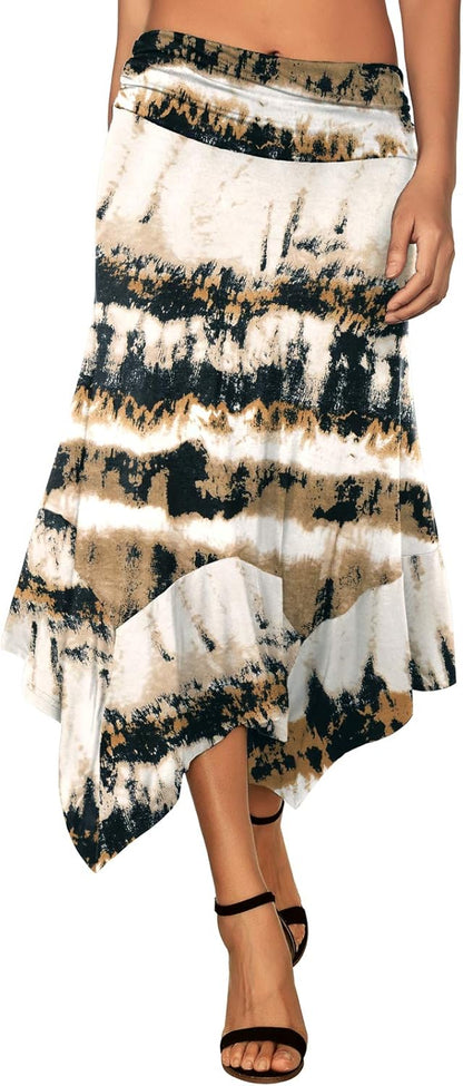 Women's Flowy Handkerchief Hemline Midi Skirt - Elastic Waist Asymmetrical Hem Small Tie Dye Khaki
