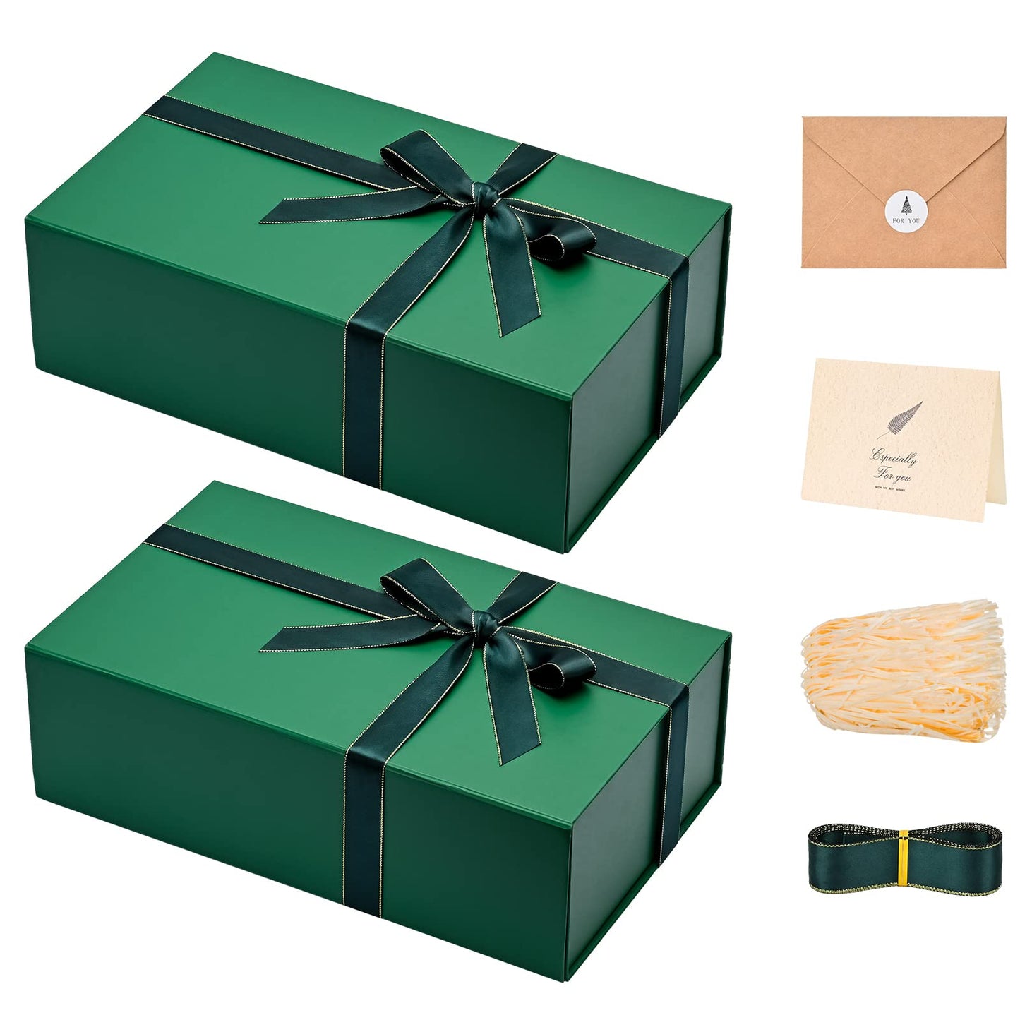 Gift Boxes with Lids 2 Pack - Magnetic Closure with Ribbon, Card, Filler & Sticker 1 Count (Pack of 2) Dark Green