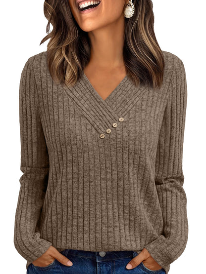 Women's Long Sleeve V Neck Tunic Tops - Dressy Casual Work Blouse Sweater Khaki