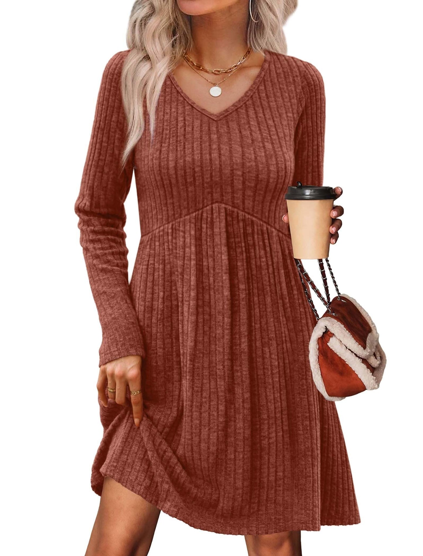 Women's Long Sleeve Sweater Dress - V Neck Empire Waist Babydoll Dress with Pockets Caramel