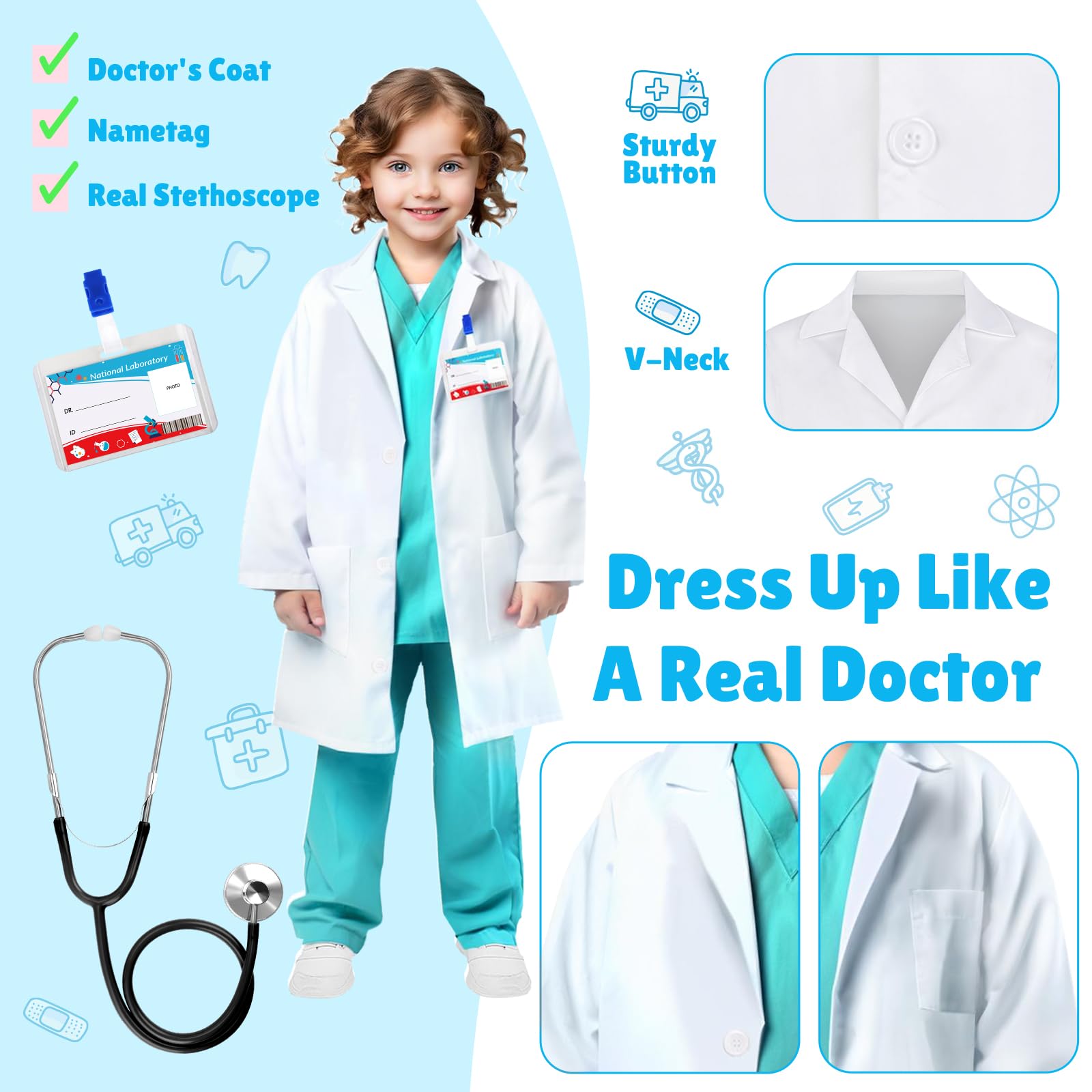 Doctor Costume for Kids - Lab Coat with Real Stethoscope Ages 3-12