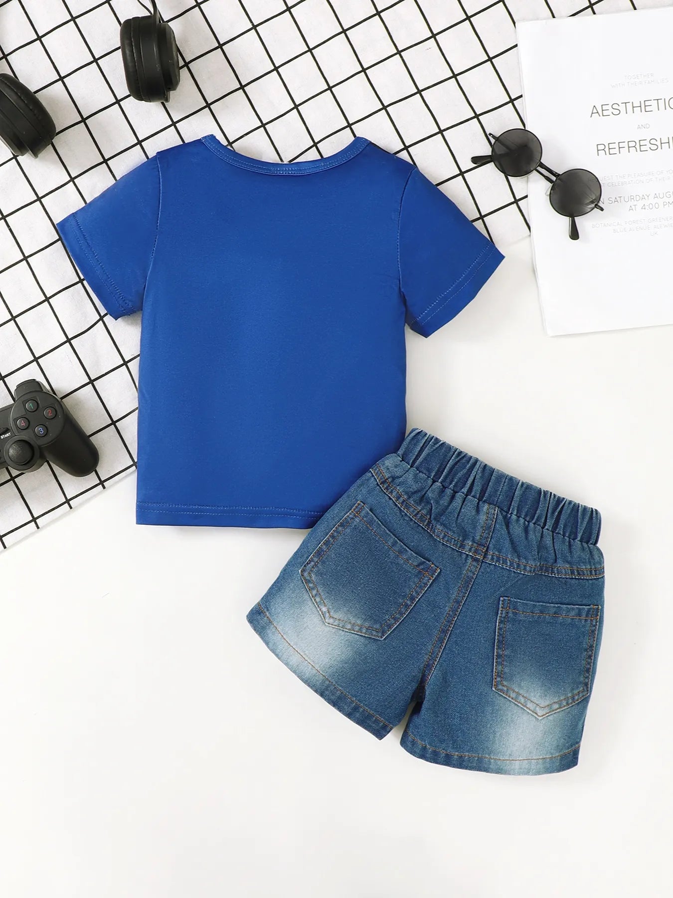 Children's Letter Round Neck Top and Denim Shorts Set