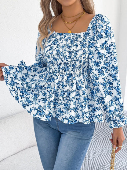 Full Size Floral Print Smocked Long Sleeve Blouse Plus Size