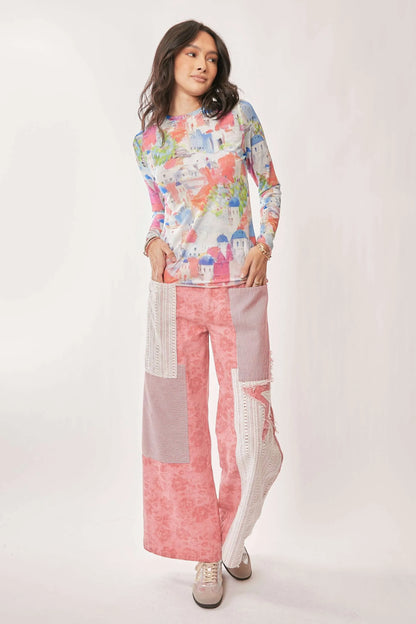 Davi & Dani Multi Printed Mesh Round Neck Long Sleeve Top