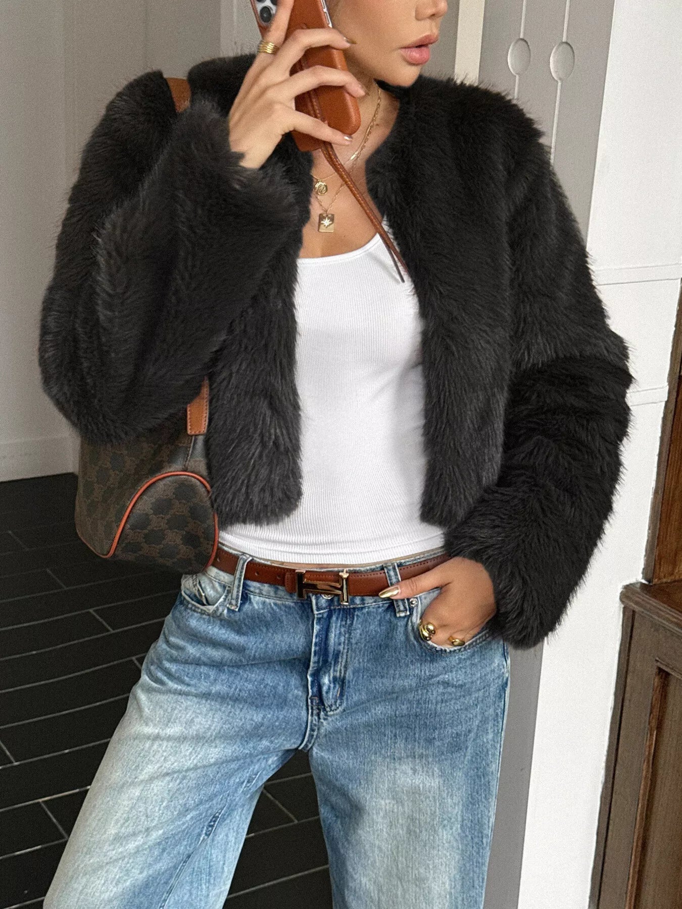 Faux Fur Cropped Outerwear Black