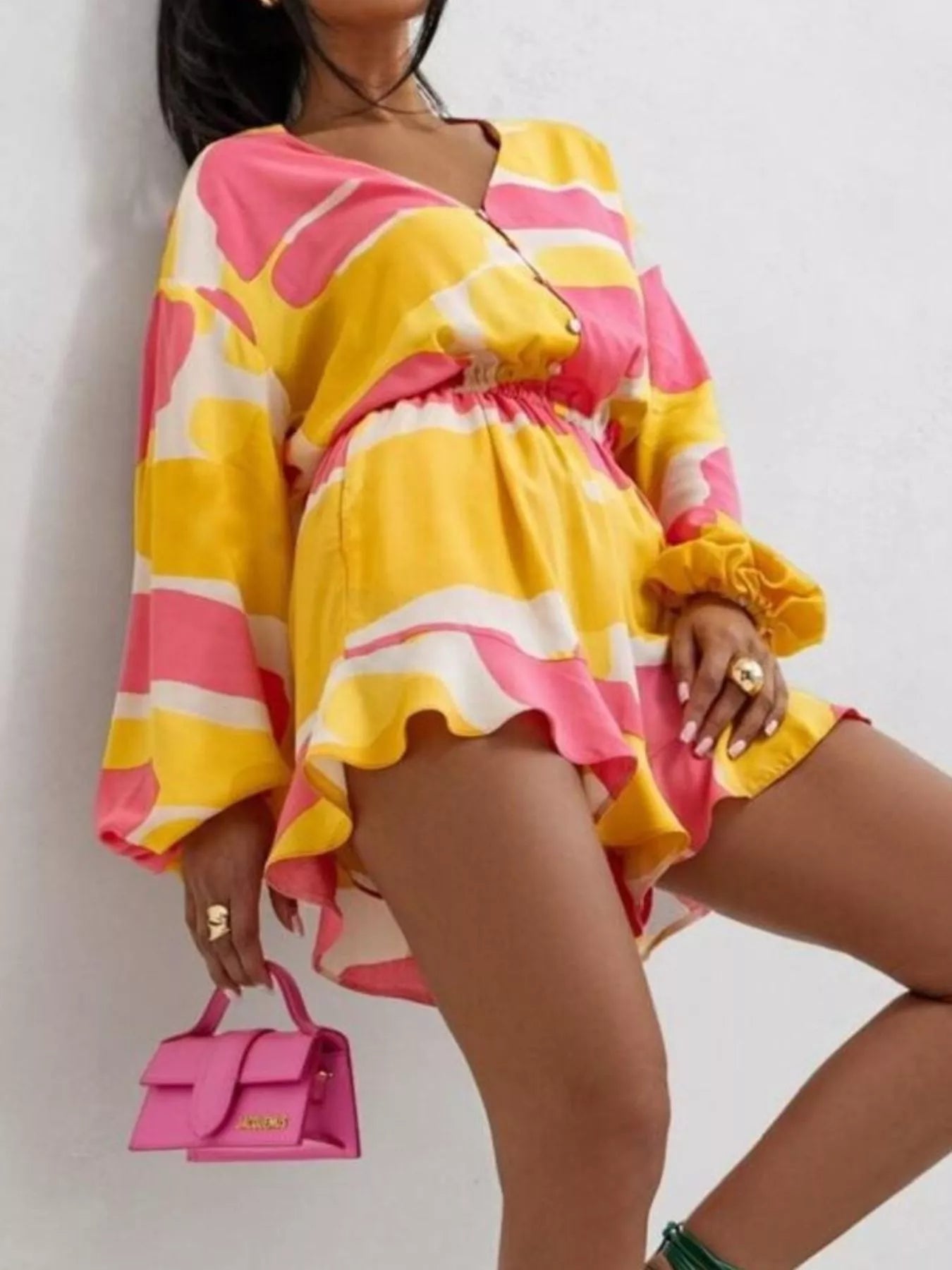 Floral V-Neck Long Sleeve Romper with Elastic Waist