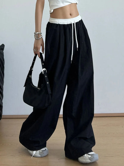 Wide Leg Drawstring Casual Pants Black Lengthened