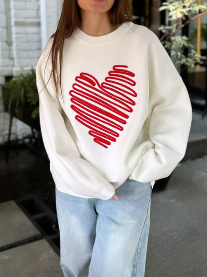 Heart Round Neck Oversized Sweater White