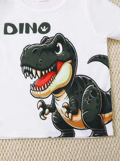 Children's Dinosaur Round Neck Top and Pants Set with Crossbody Bag