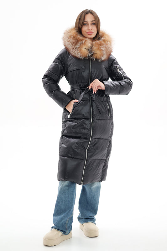 Genuine Silver Fox Fur Alternative Down Fill Coat Black