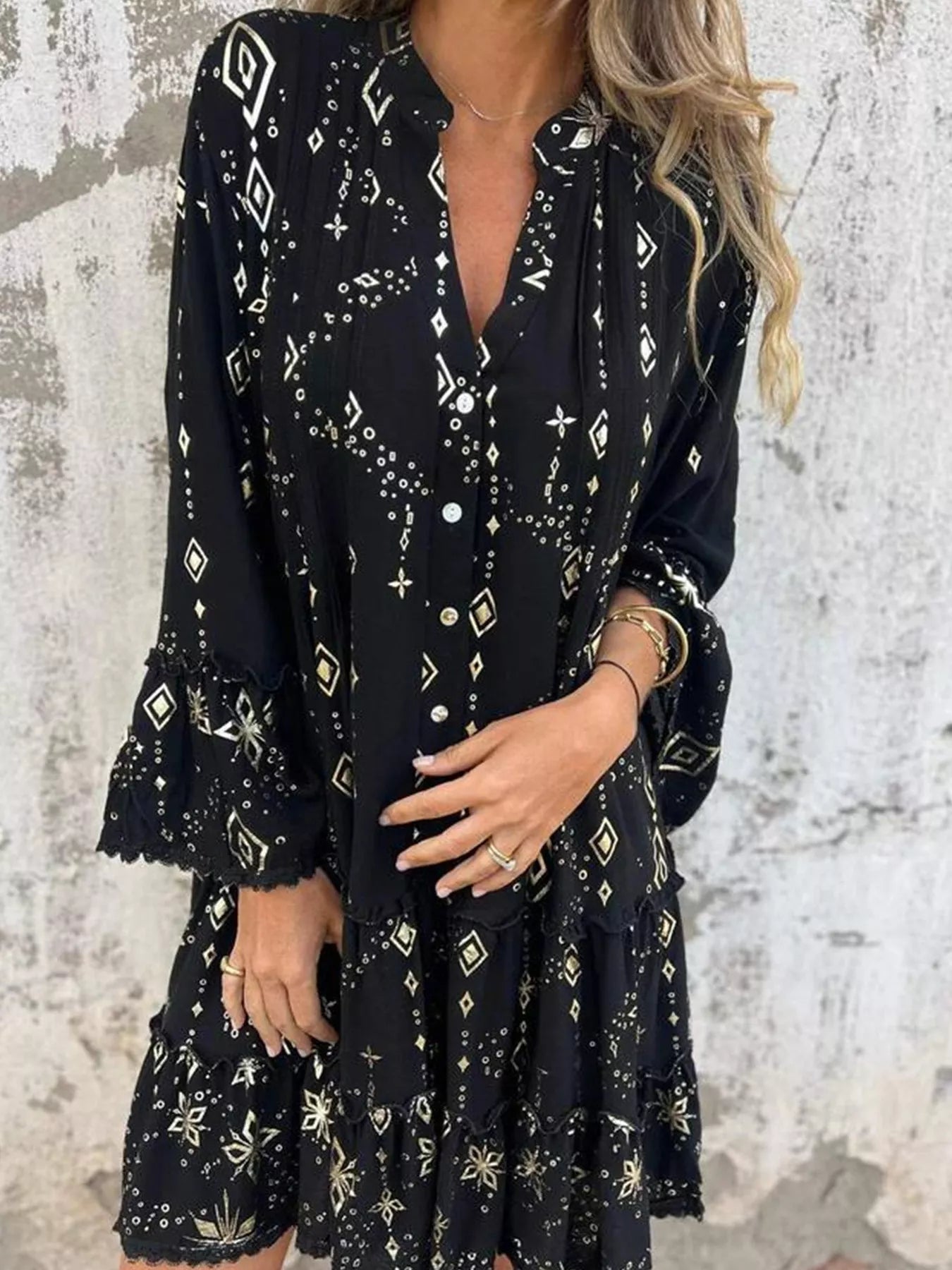Full Size Printed Notched Flare Sleeve Dress Plus Size