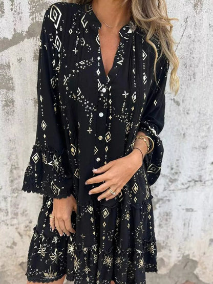 Full Size Printed Notched Flare Sleeve Dress Plus Size