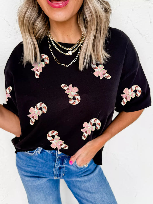Christmas Sequined Candy Cane Patched Pattern Holiday T Shirt Black