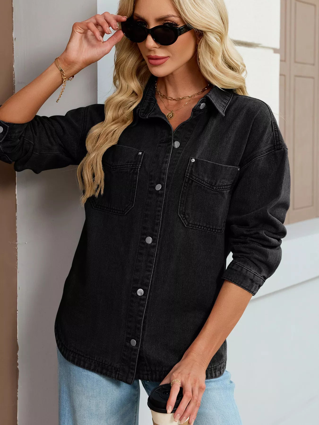 Button Up Dropped Shoulder Denim Jacket Black