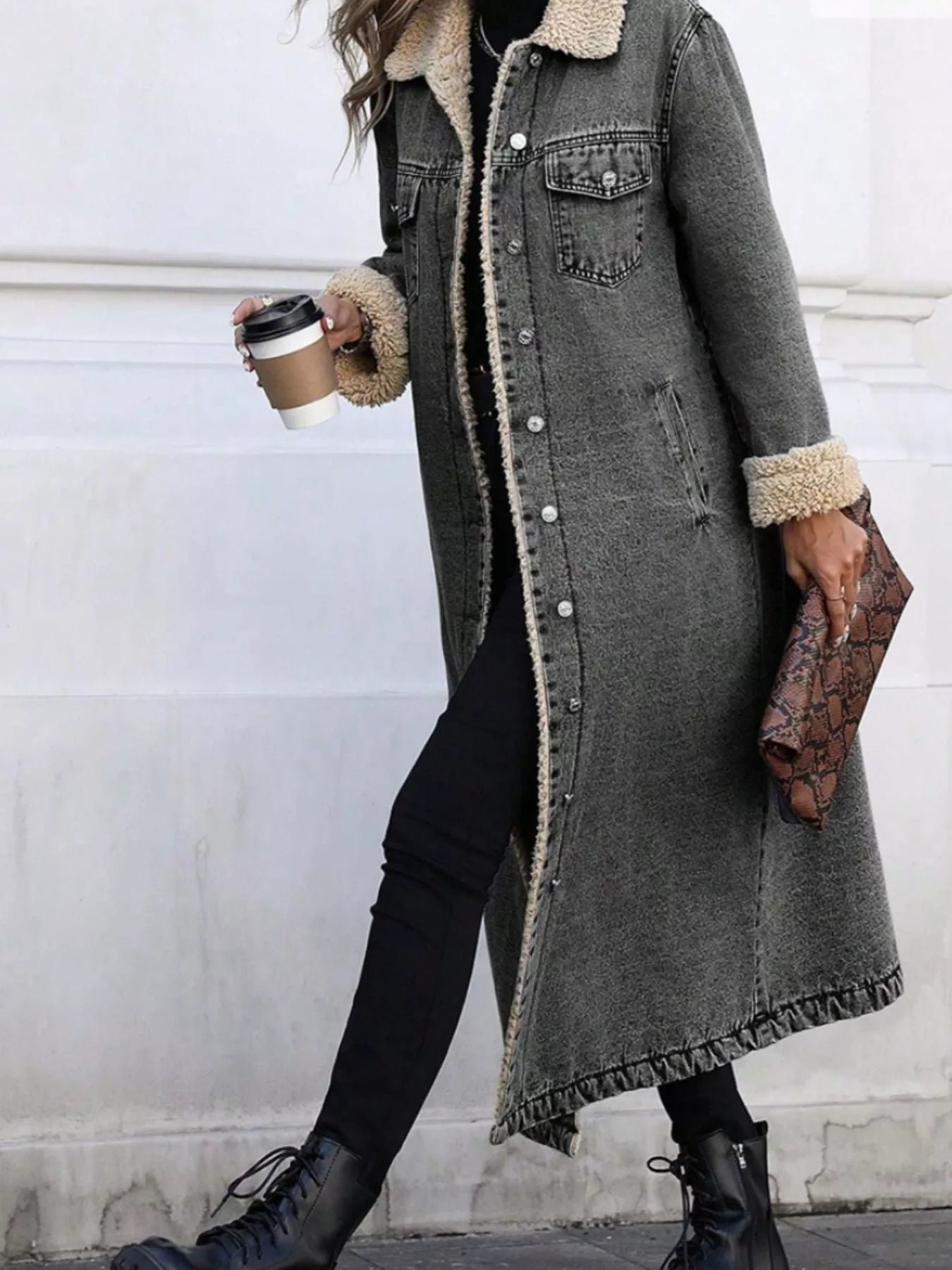 Sherpa Lined Longline Denim Jacket Dark Gray