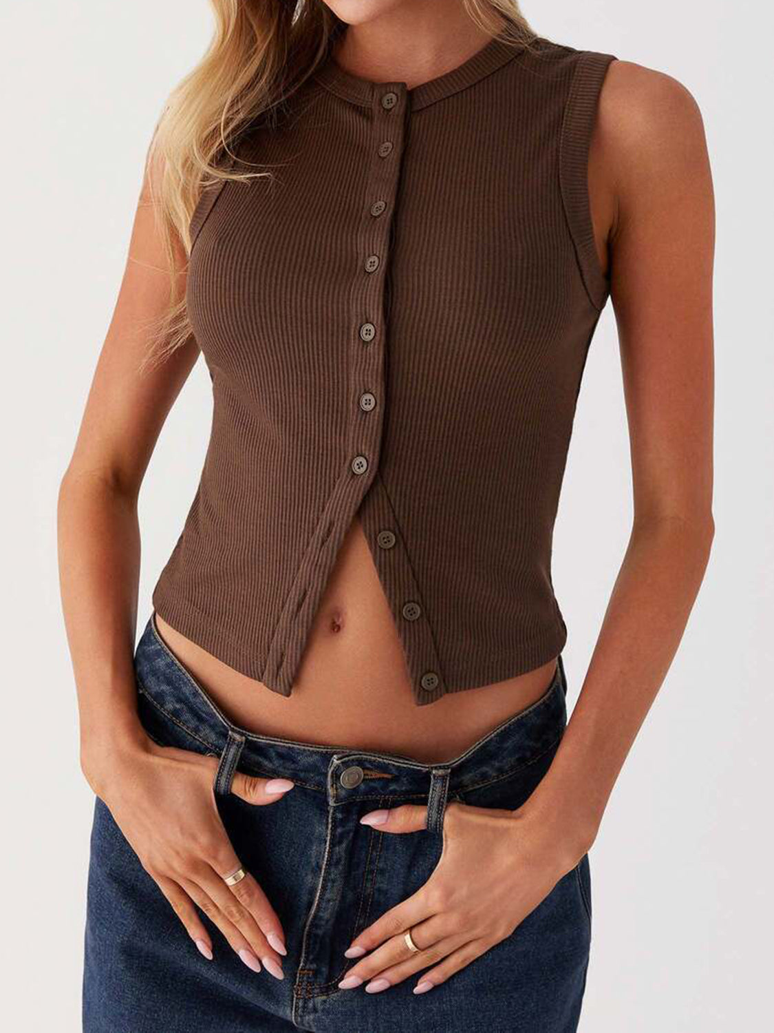 Lovelet Button Up Round Neck Tank Coffee Brown