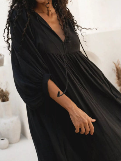 Tie Neck 3/4 Sleeve Midi Dress Black