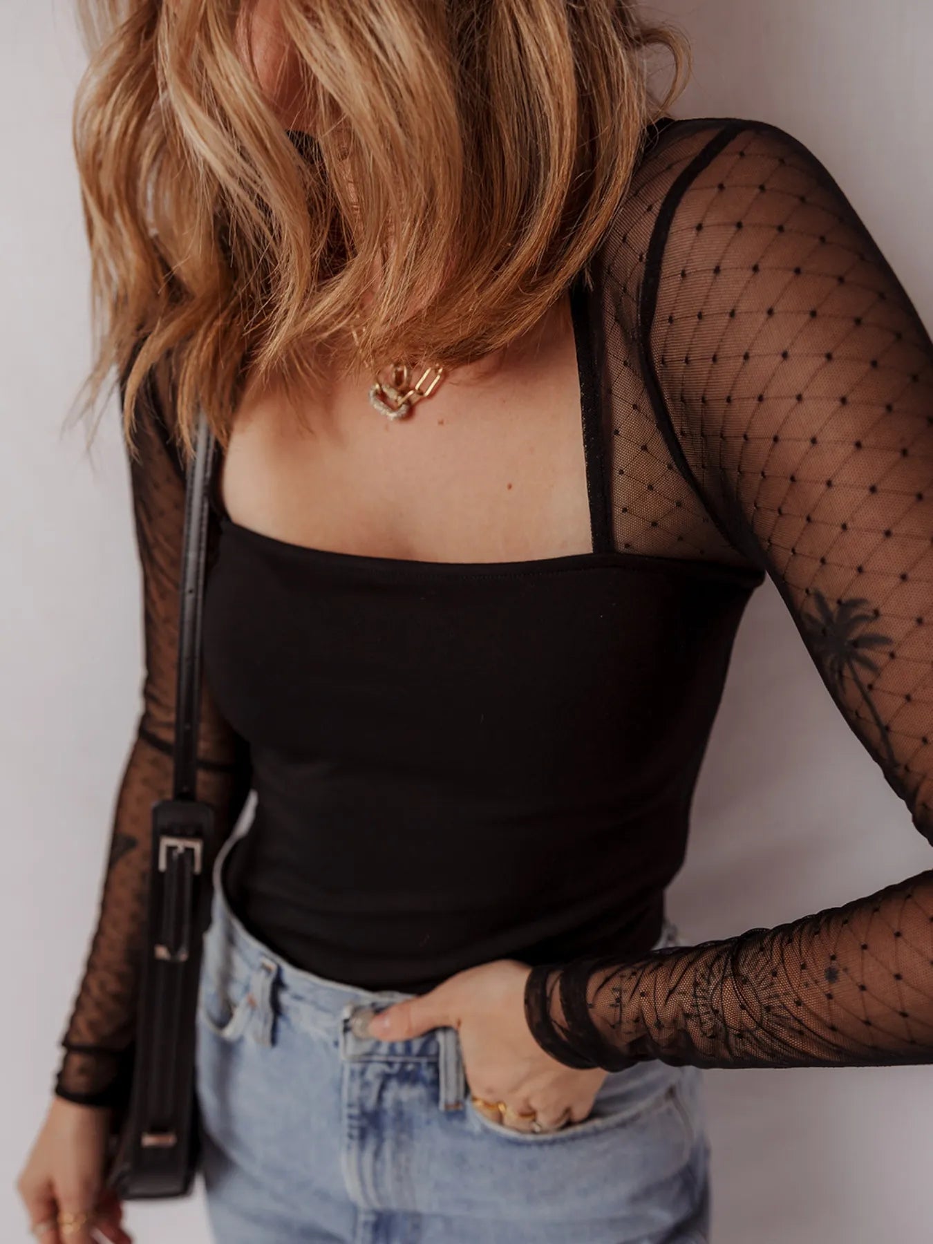 Mesh Sleeve Square Neck Bodysuit