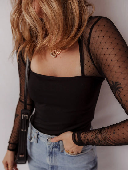 Mesh Sleeve Square Neck Bodysuit