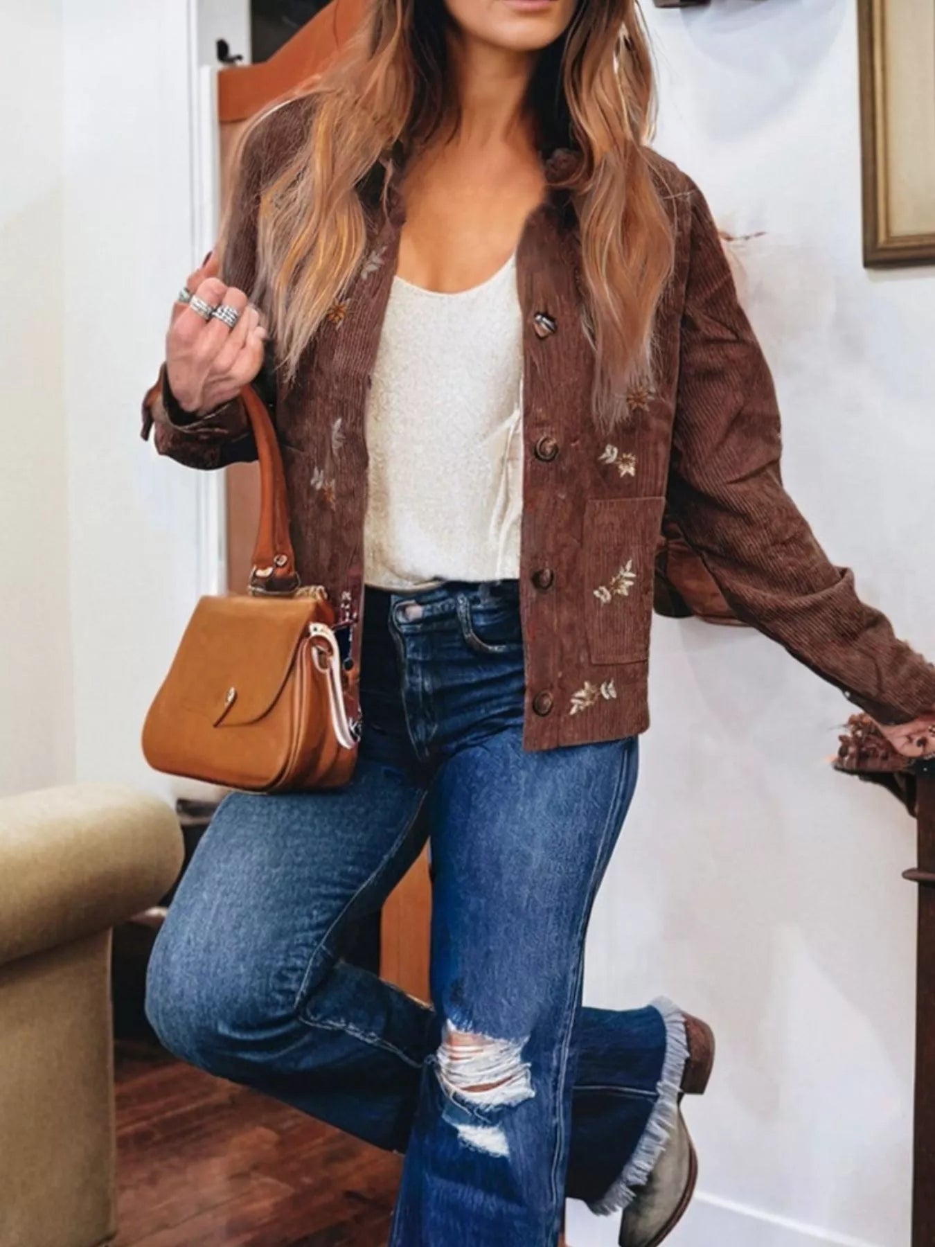 Floral Embroidered Collar Button Front Corduroy Jacket