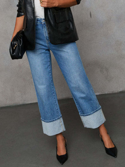 High Waisted Straight Leg Rolled Jeans