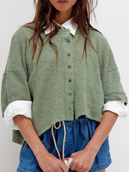 Button-Front Half Sleeve Cardigan Green