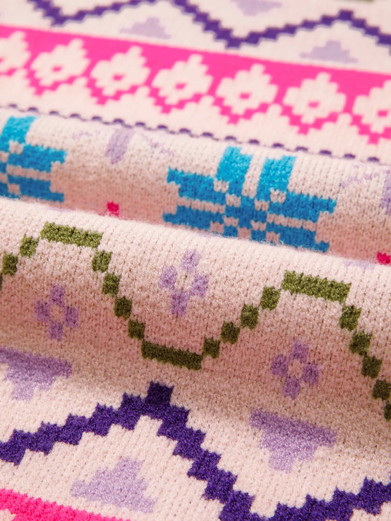 Multicolour Ethnic Christmas Pattern Knit Feather Cuffed Sweater