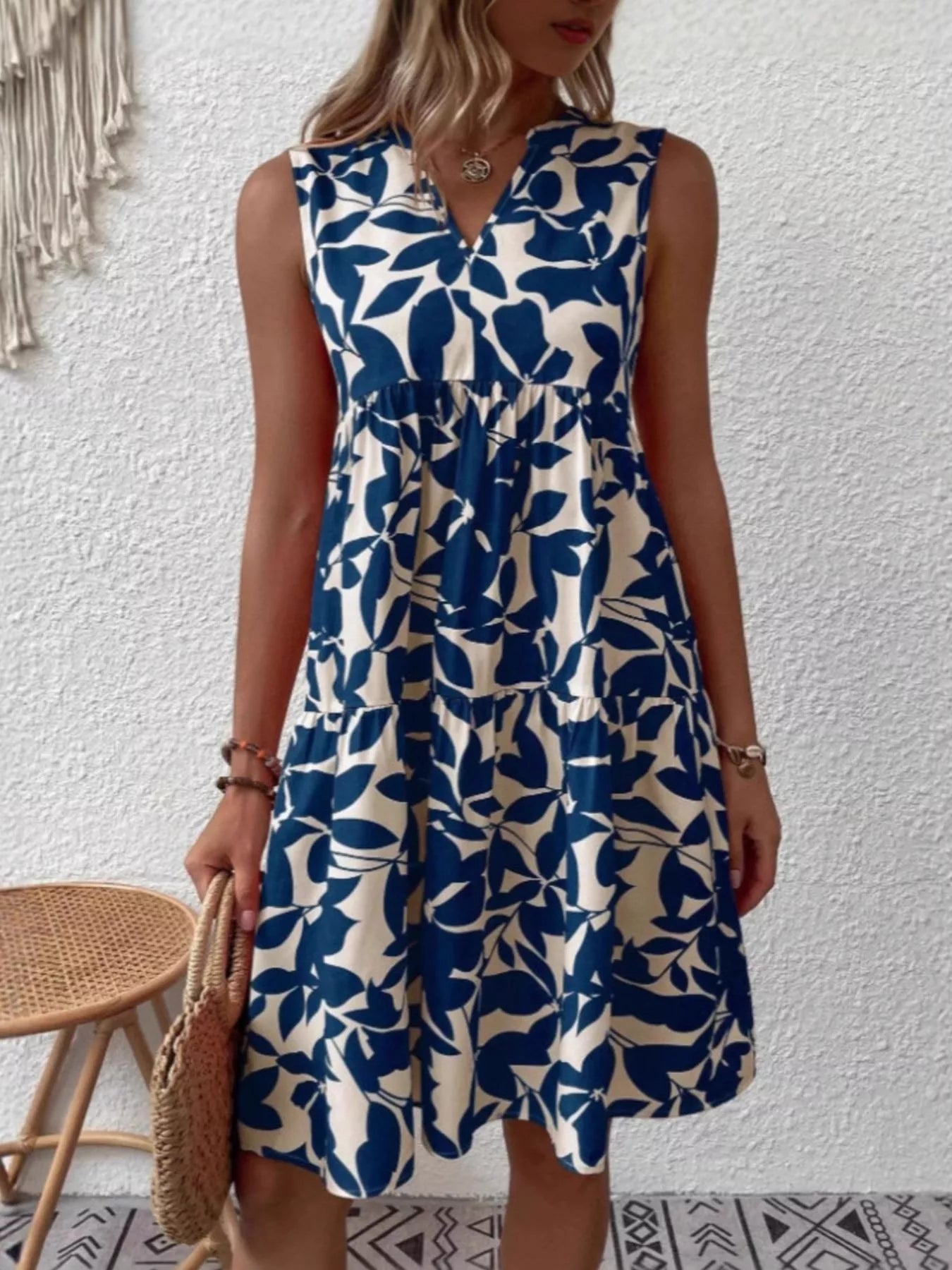 Full Size Printed Notched Sleeveless Mini Dress Plus Size