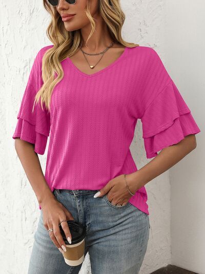 Mandy V-Neck Ruffle Half Sleeve Top Hot Pink