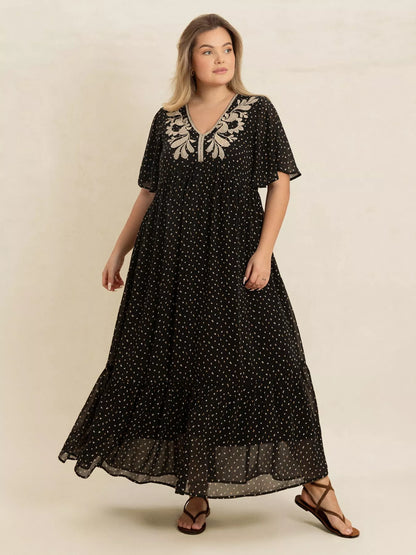 Plus Size Printed V-Neck Flutter Sleeve Maxi Dress