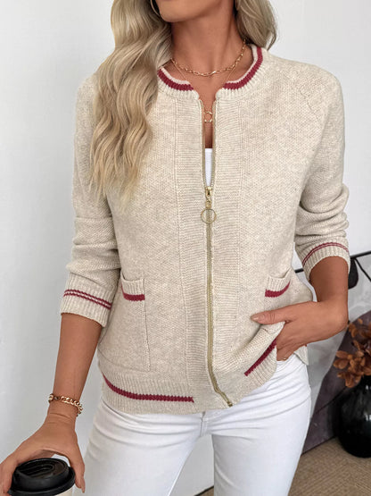 Zip-Up Contrast Trim Cardigan