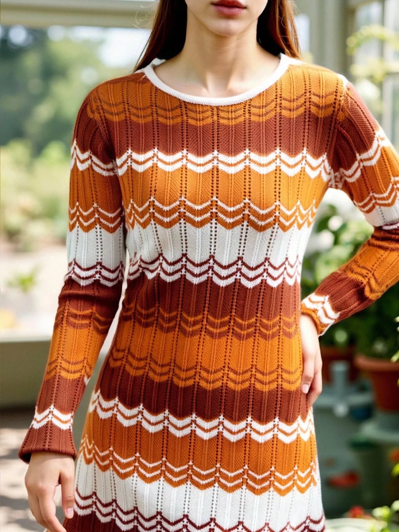 Openwork Wave Pattern Long Sleeve Sweater Dress