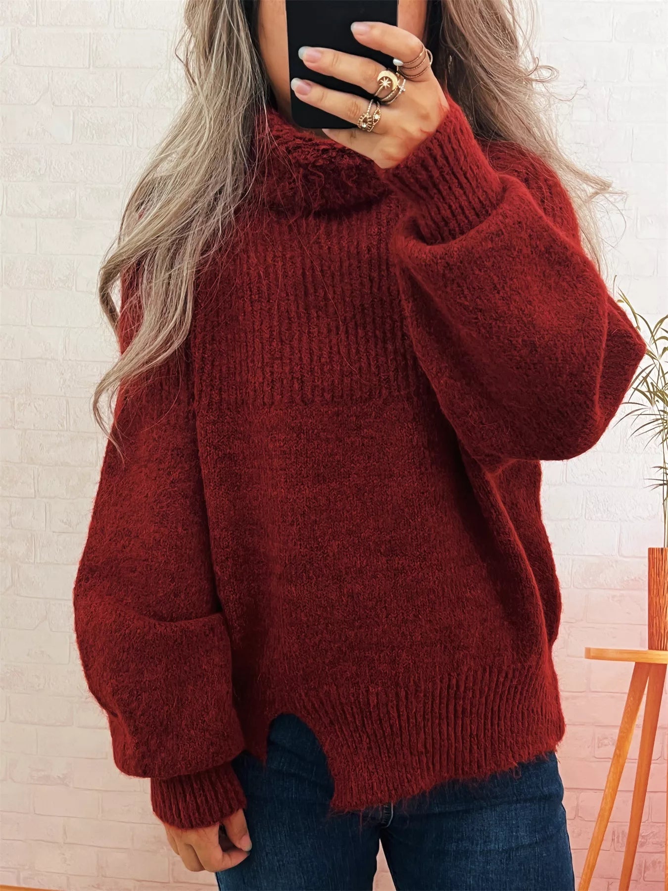 Ribbed Turtleneck Long Sleeve Sweater Burgundy One Size