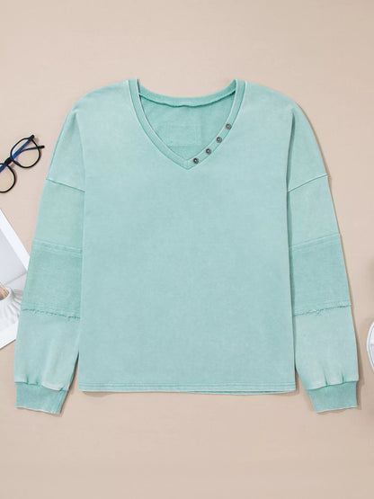Mineral Wash Exposed Seam Buttoned V Neck Top