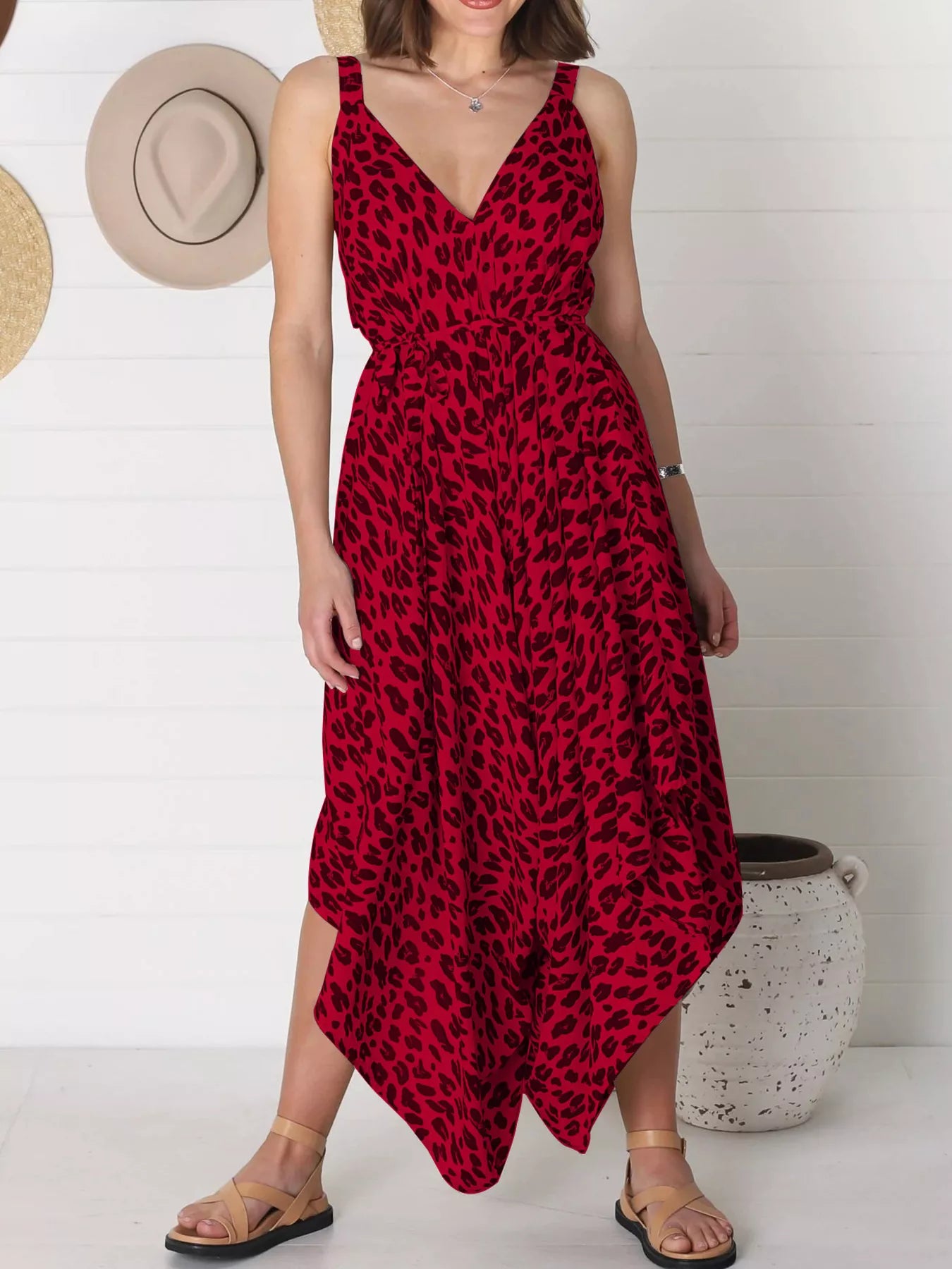 Full Size Leopard Print V-Neck Wide Leg Jumpsuit Plus Size Red