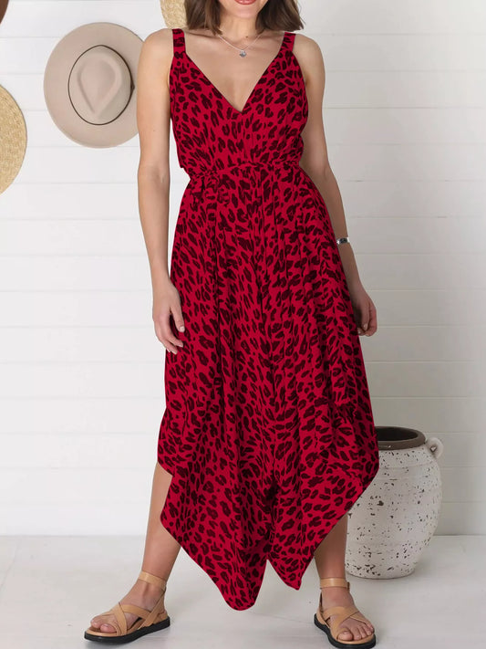 Full Size Leopard Print V-Neck Wide Leg Jumpsuit Plus Size Red