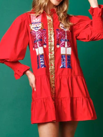 Full Size Christmas Sequin Nutcracker Tiered Shirt Dress Plus Size Red