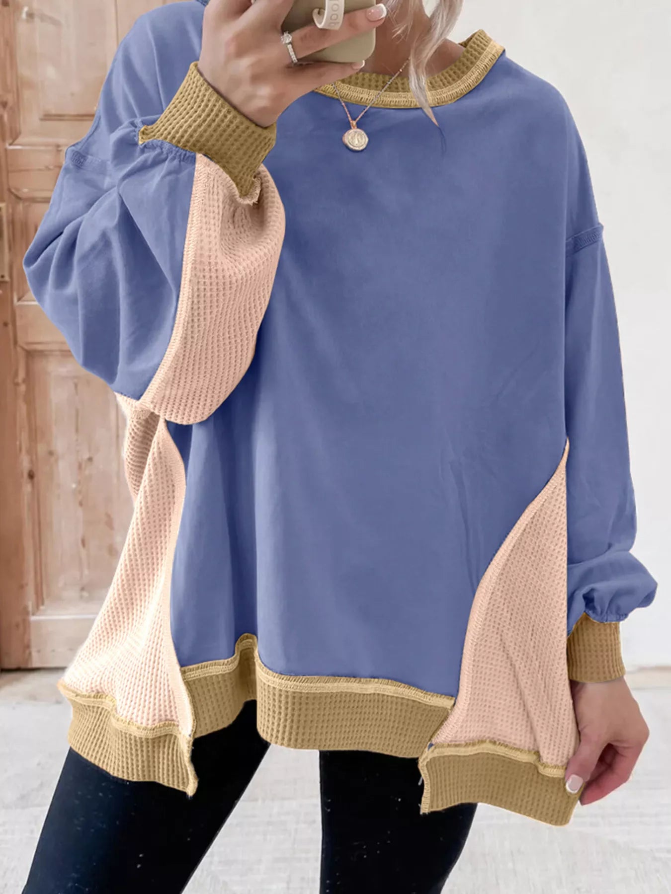 Color Block Waffle Knit Long Sleeve Sweatshirt Dusty Blue