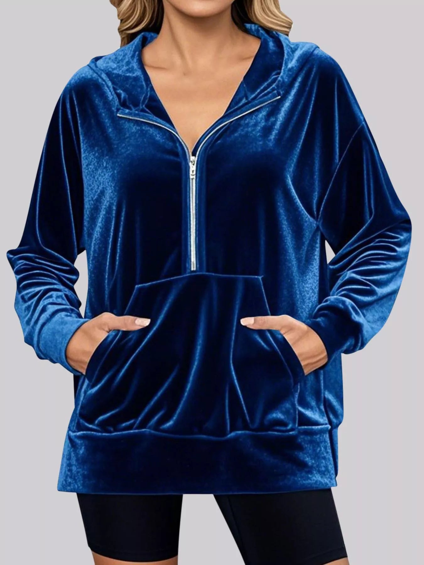 Full Size Half Zip Kangaroo Pocket Hoodie Plus Size 蓝色