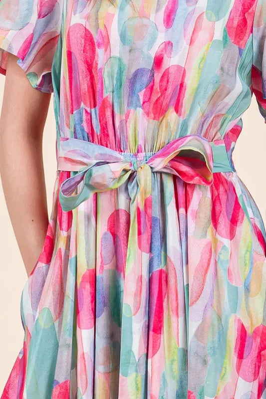 Lime 'N' Chili Watercolor Print Tie Front Midi Dress