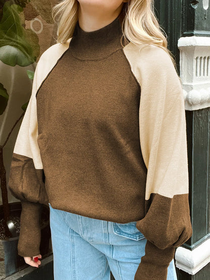 Color Block Mock Neck Long Sleeve Sweater Taupe