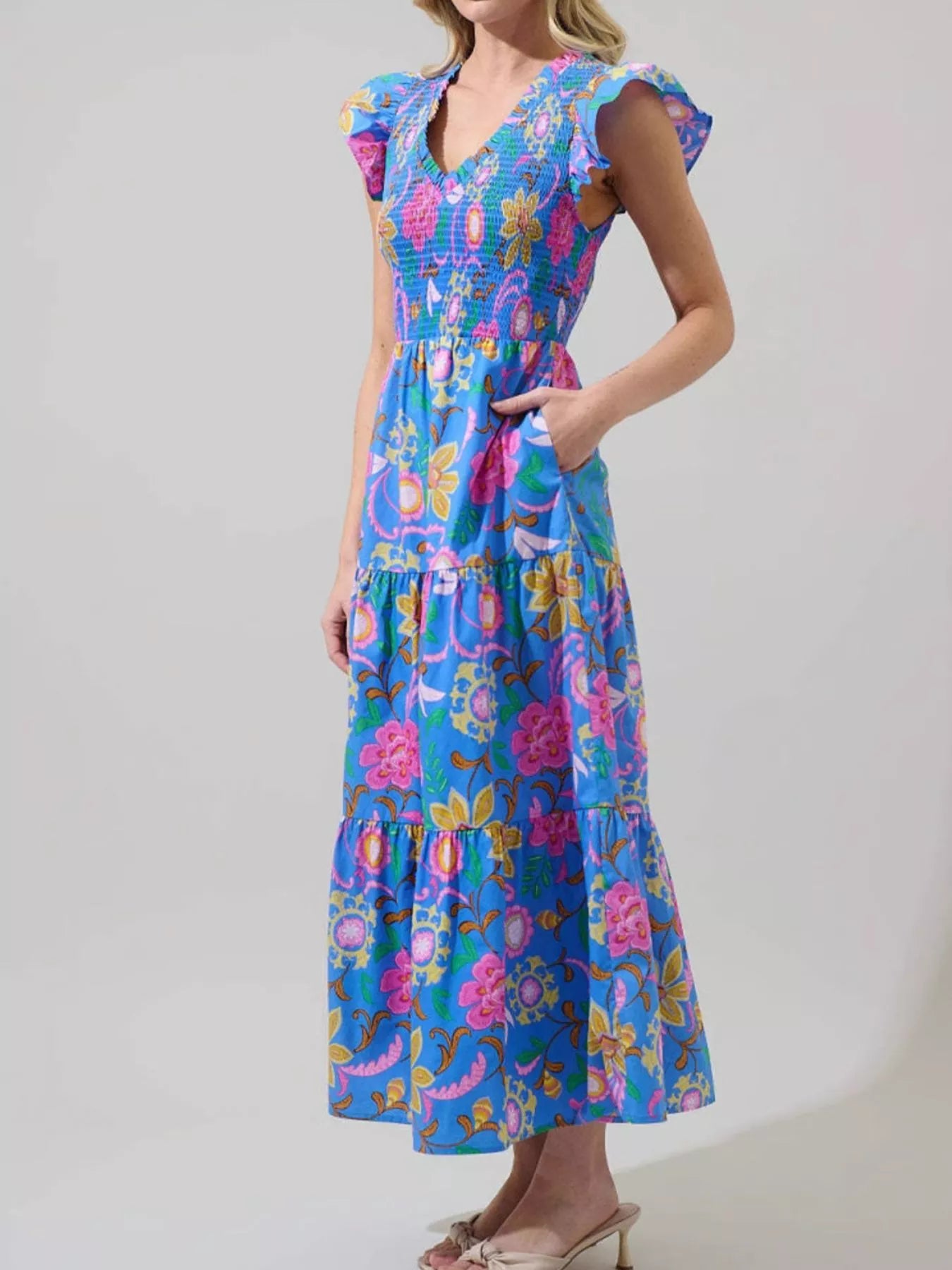 Ruffled V-Neck Tiered Midi Dress