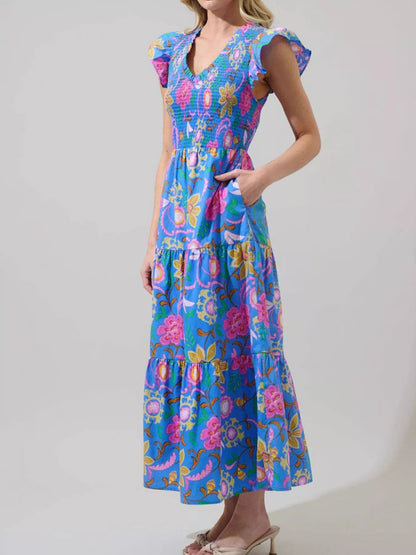 Ruffled V-Neck Tiered Midi Dress