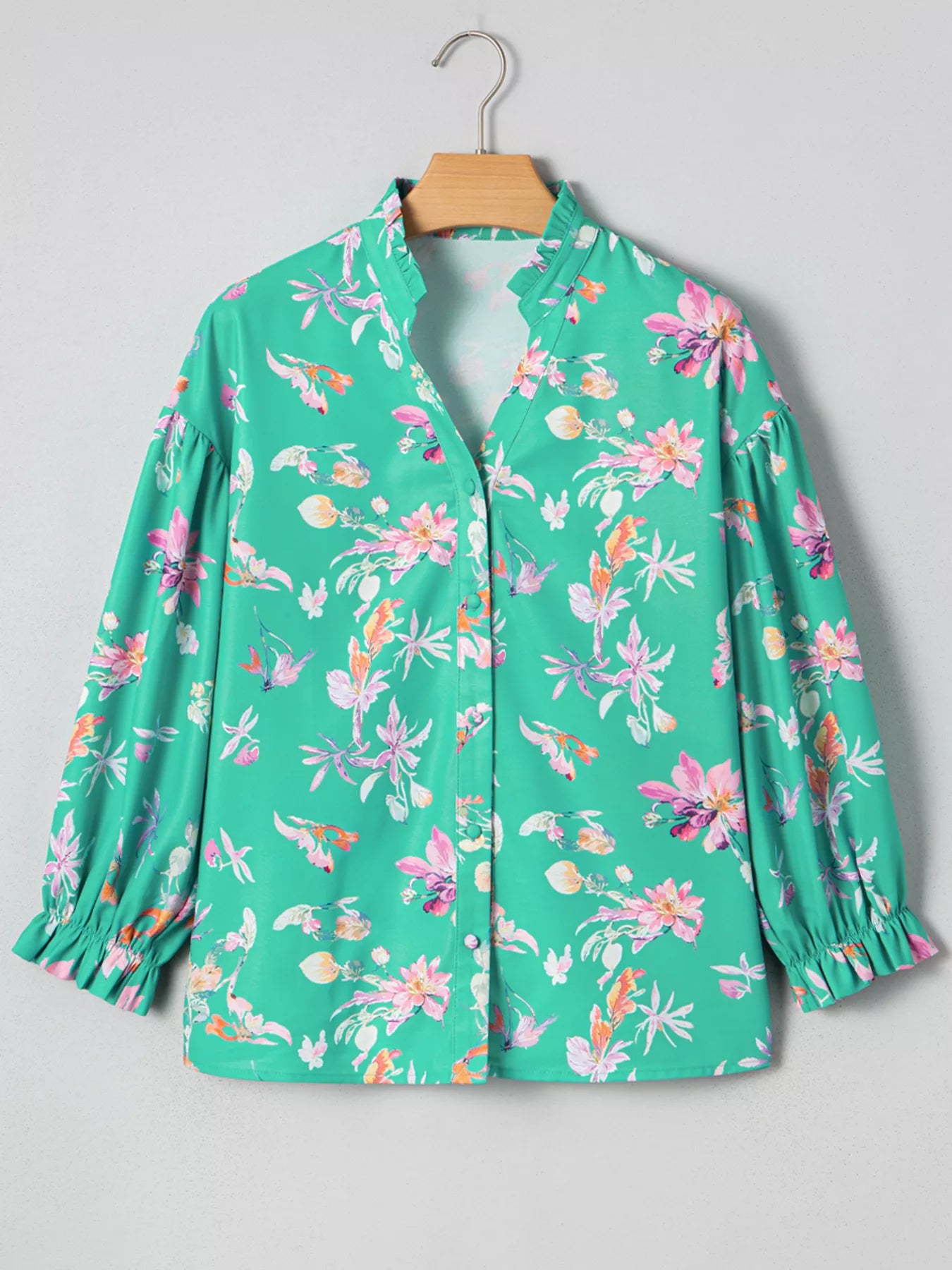 Floral Lantern Sleeve Button Front Shirt
