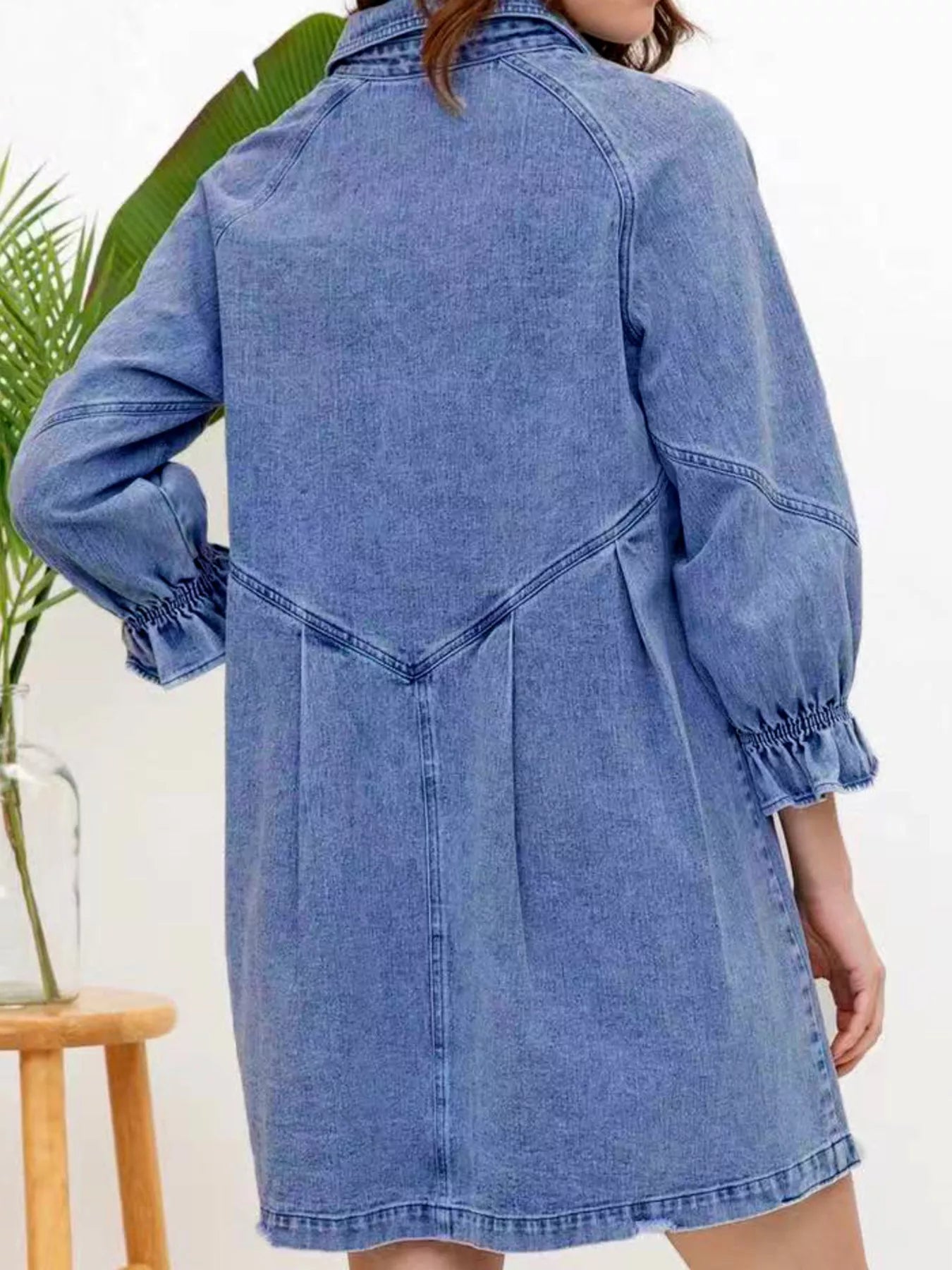 Ruffled Cuff Button-Down Denim Dress
