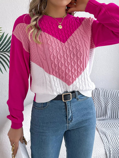 Color Block Cable Knit Sweater Pink