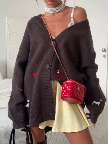 Embroidered Button Up Cardigan Brown