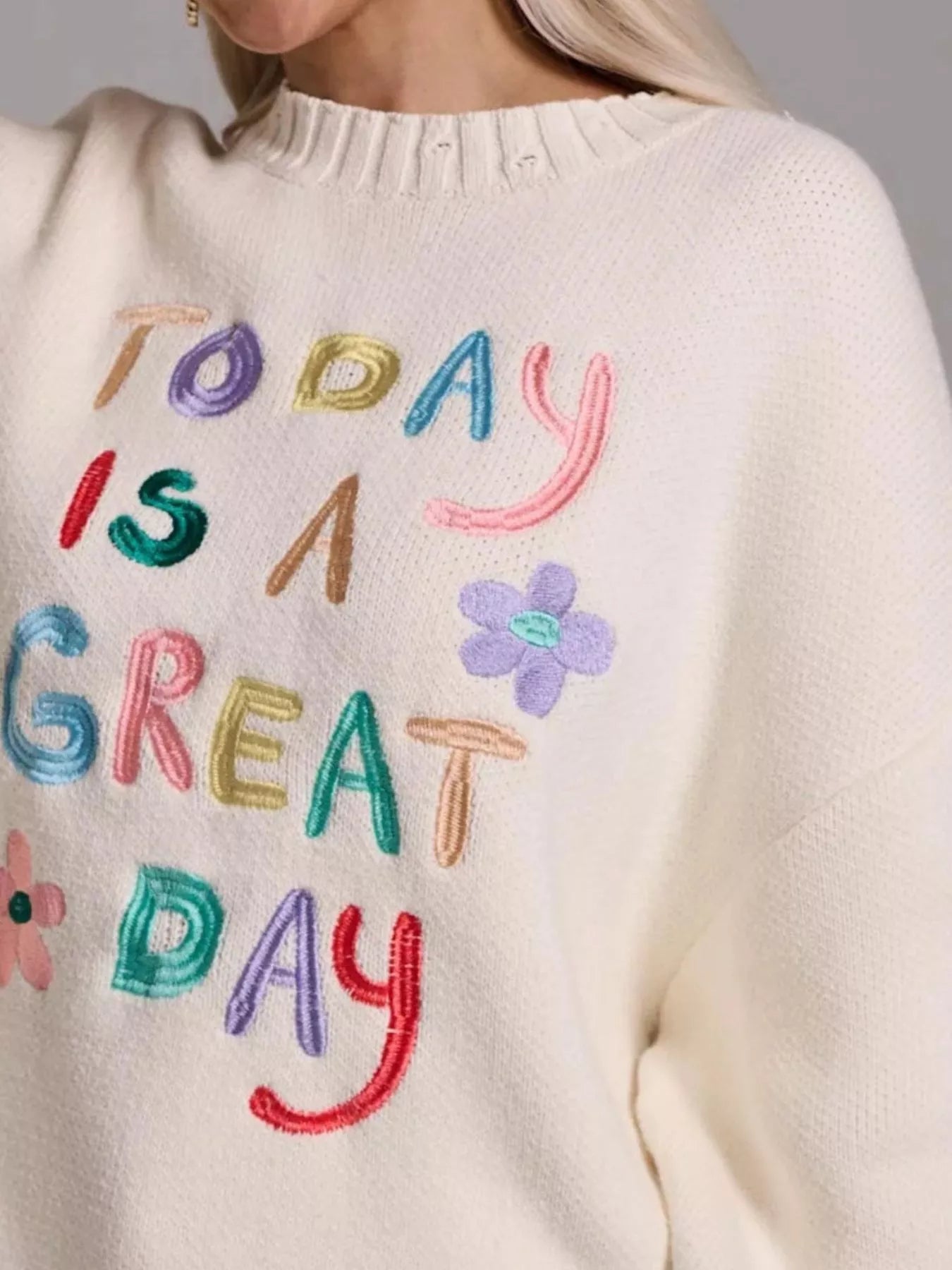 Embroidered 'Great Day' Dropped Shoulder Sweater
