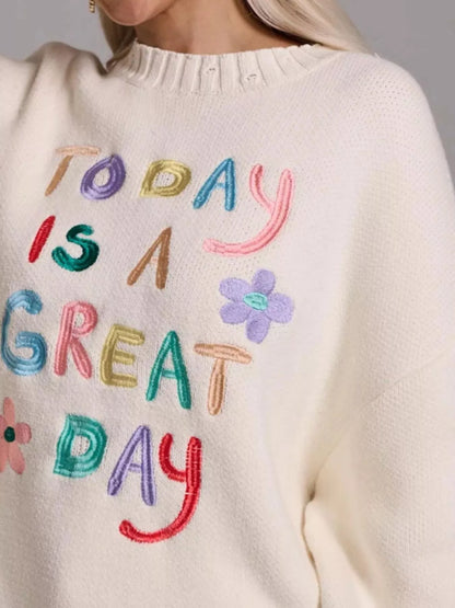 Embroidered 'Great Day' Dropped Shoulder Sweater